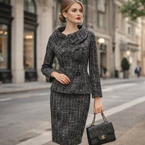 Isabella DeMarco Skirt Suit Womens 2 Blk/Wht Tweed Portrait Collar Set Tailored